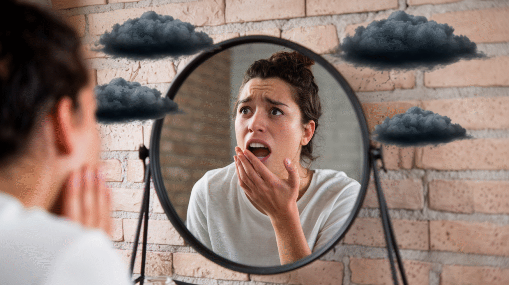 Personne rêvant de mauvaise haleine se regardant dans un miroir