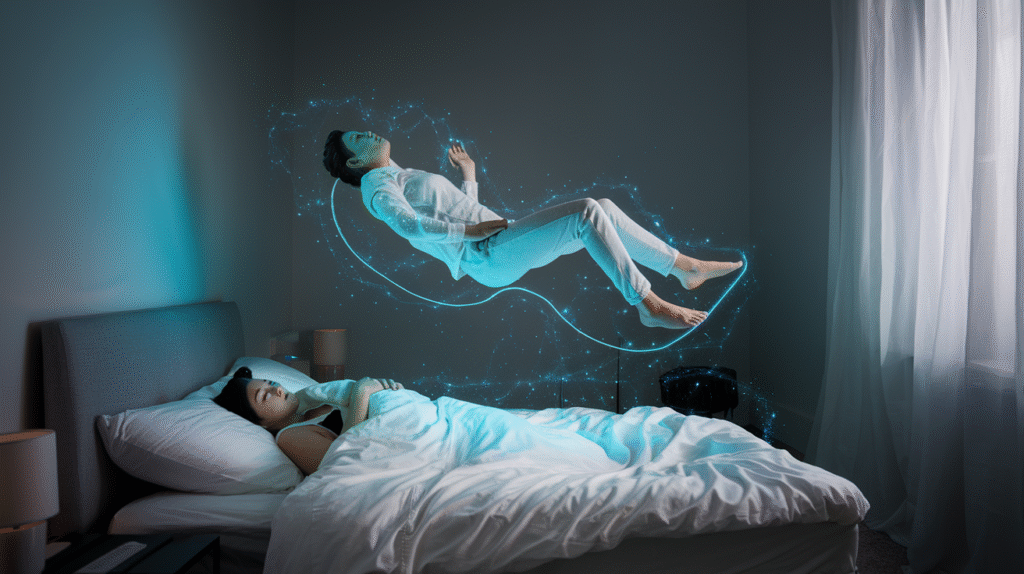 Personne expérimentant un rêve astral, flottant au-dessus de son corps endormi