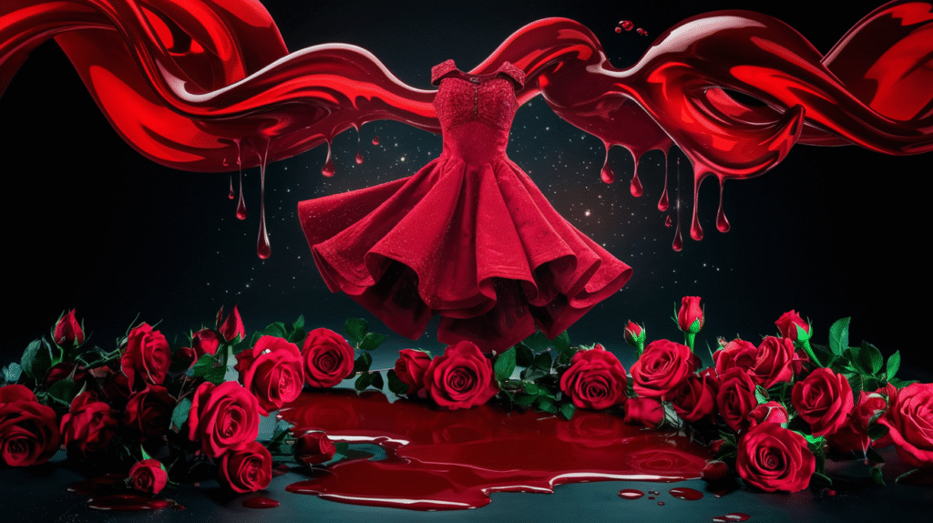 Rêve symbolique avec éléments rouges : robe écarlate et vin rouge se transformant