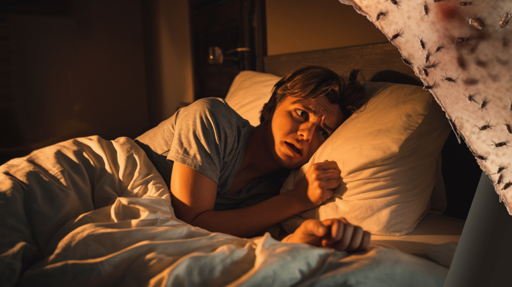 Personne inquiète découvrant des punaises de lit dans son rêve