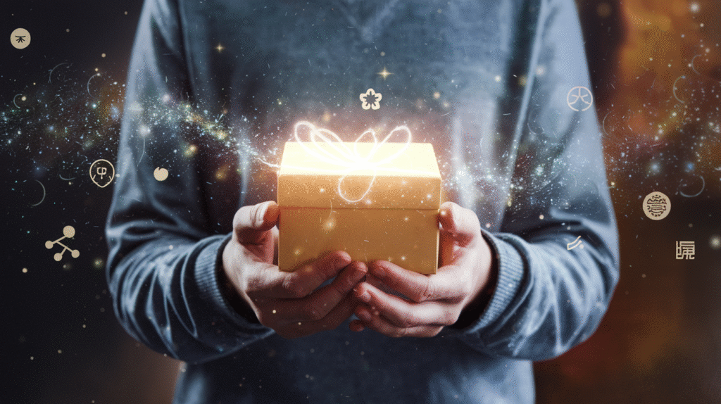 Personne recevant un cadeau lumineux dans un rêve symbolique