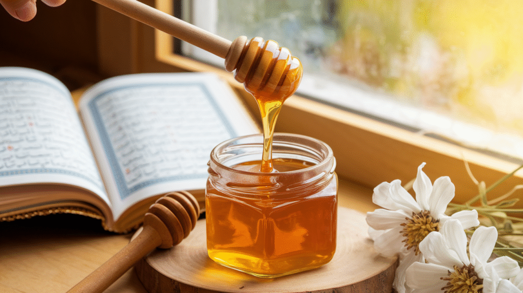 Miel doré coulant d'un pot symbolisant la richesse spirituelle dans les rêves islamiques