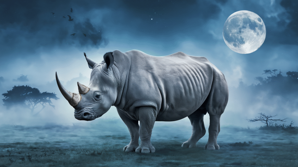 Rhinocéros imposant dans un paysage onirique symbolisant la force et la sagesse dans les rêves