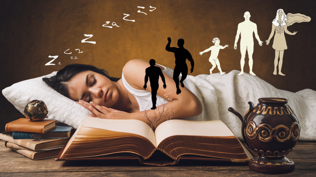 Interprétation des rêves selon Jung avec symboles archétypaux émergeant d'un dormeur