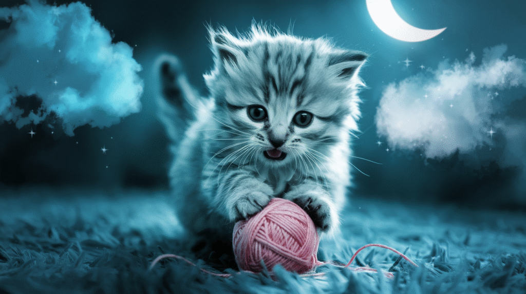Un chaton jouant dans un environnement onirique symbolisant les rêves