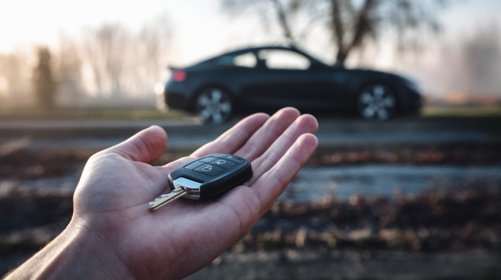 Une clé de voiture posée sur une main, symbolisant le contrôle et la liberté dans un rêve