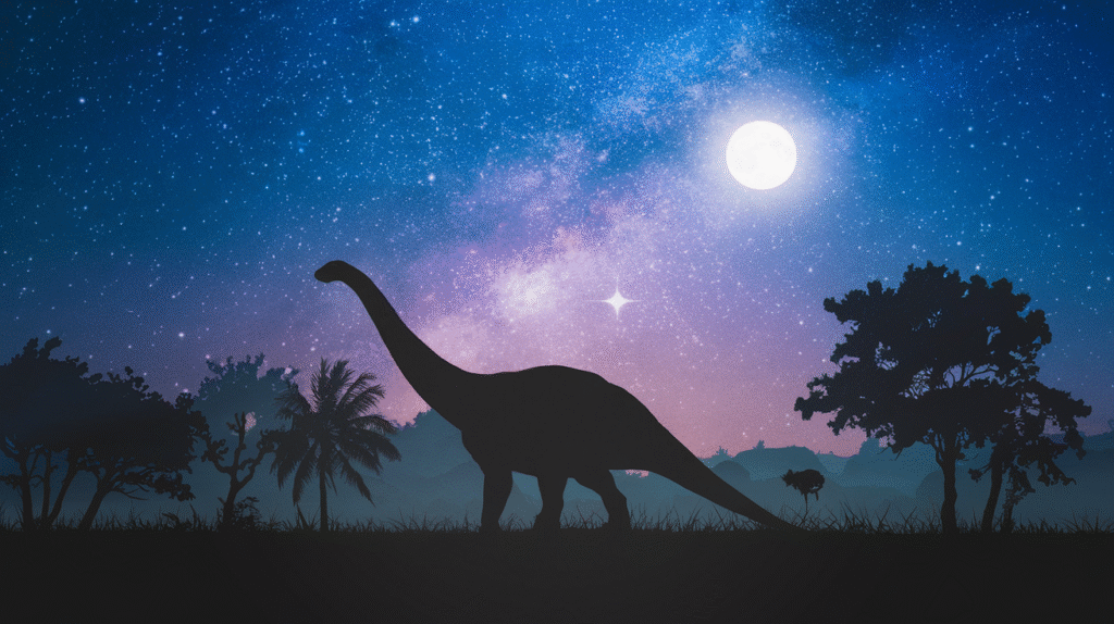 Scène onirique avec silhouette de dinosaure sous un ciel étoilé