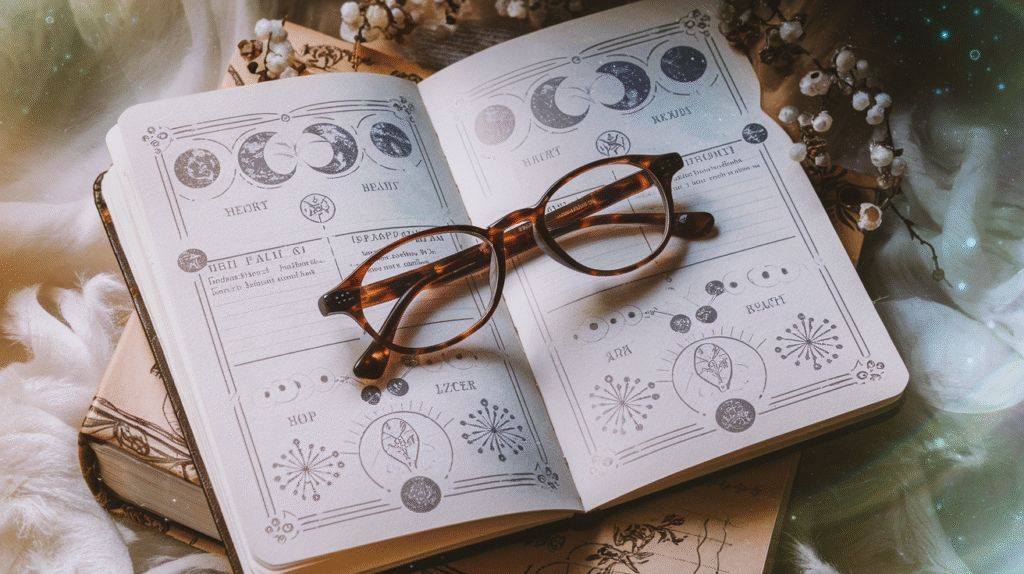 Lunettes posées sur un journal de rêves avec symboles mystiques