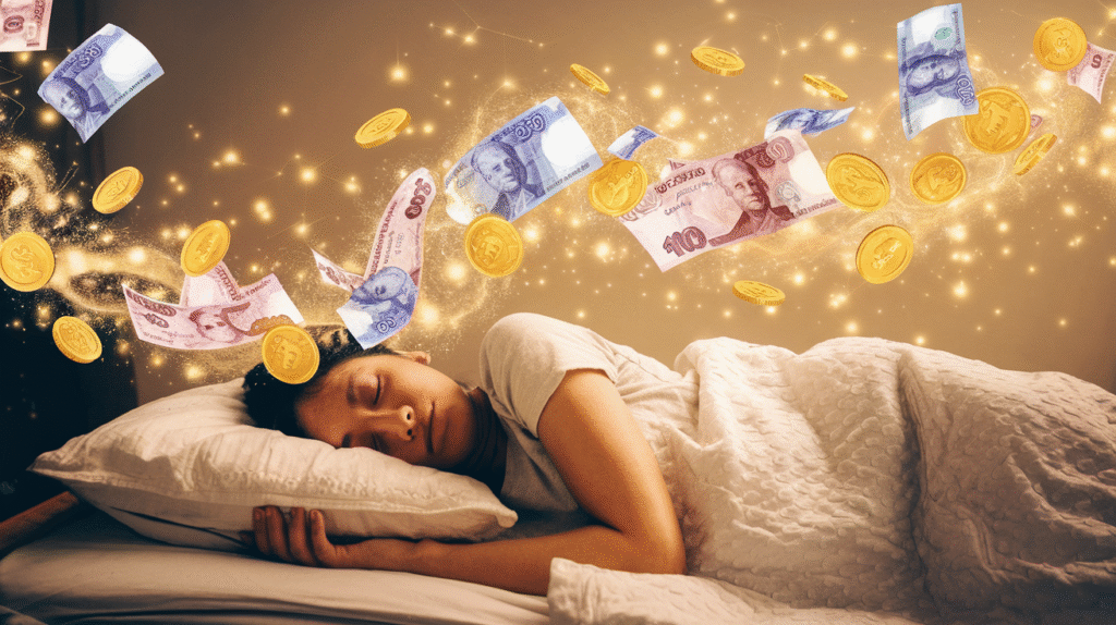 Personne rêvant de gagner de l'argent avec des symboles de richesse flottant autour