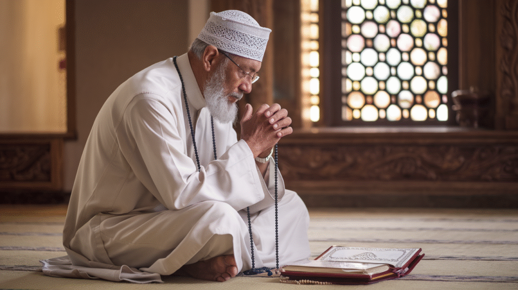 Guide spirituel marabout en tenue traditionnelle avec symboles islamiques