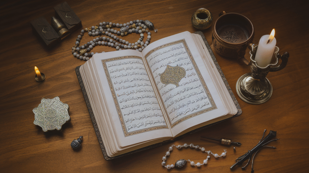 Protection spirituelle islamique contre la sorcellerie avec Coran et symboles religieux