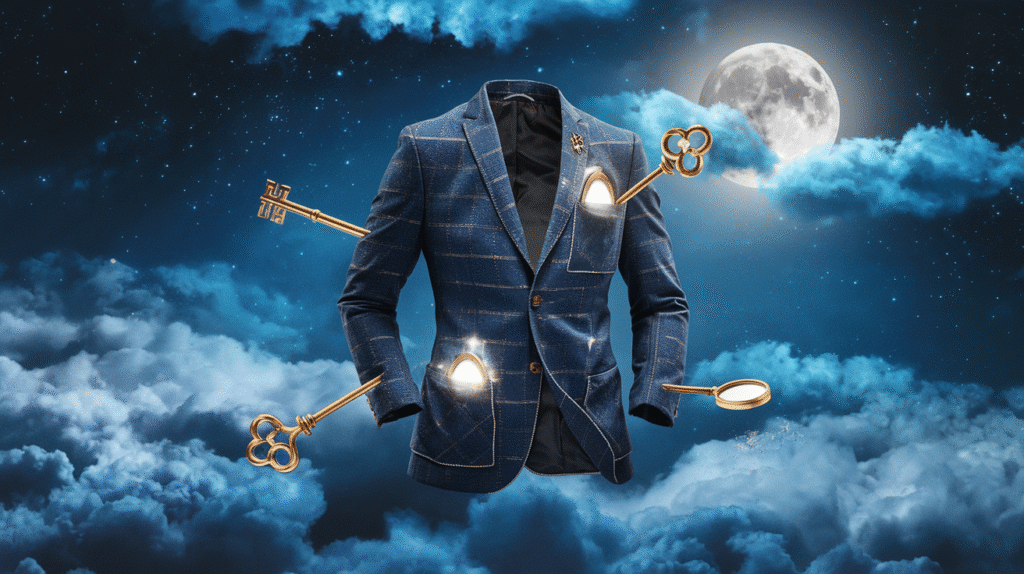 Une veste flottant dans un rêve symbolique avec des éléments oniriques