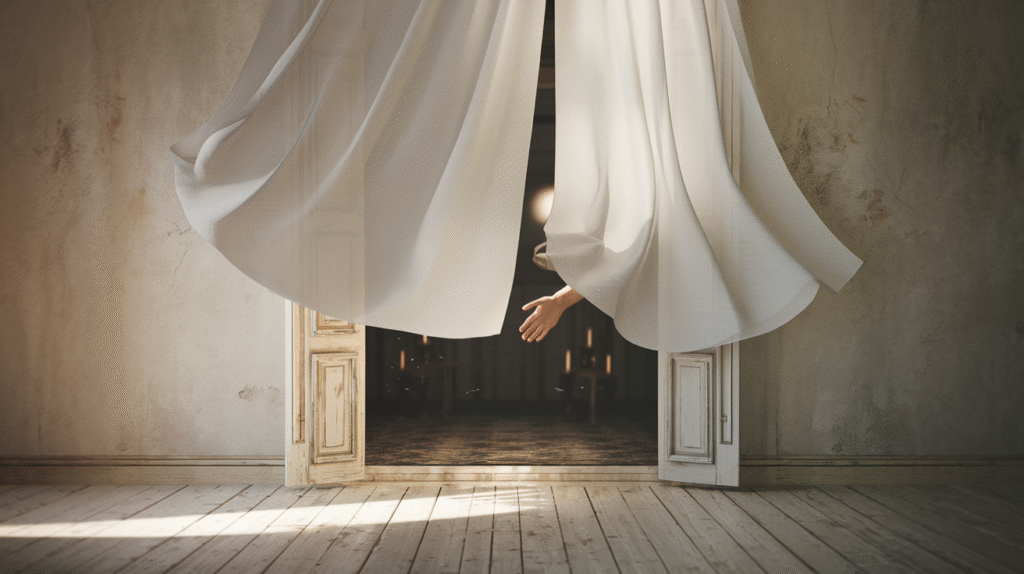 Rideau blanc flottant partiellement ouvert révélant un espace mystérieux