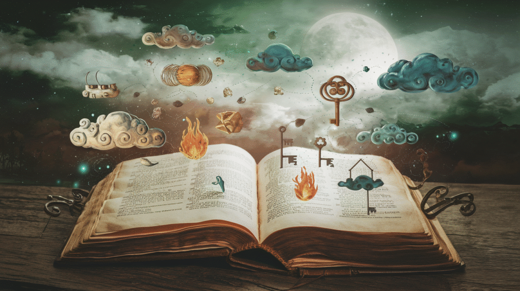 Dictionnaire ouvert révélant des symboles oniriques comme l'eau et le feu