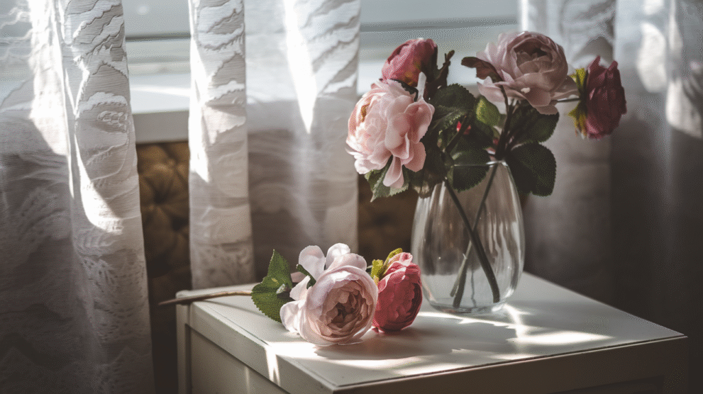 Rêve de fleurs artificielles sur une table de chevet dans la pénombre