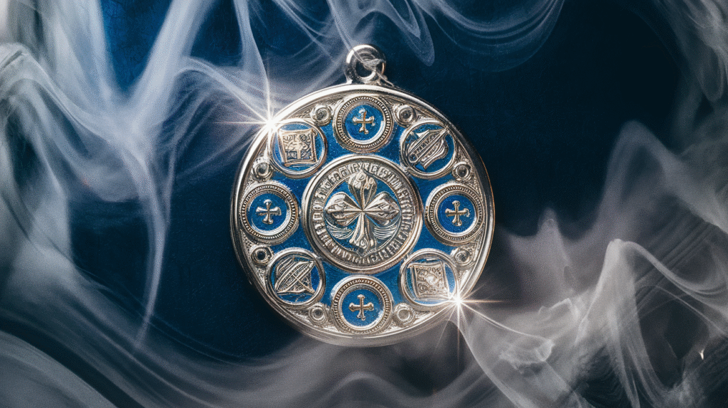 Médaille religieuse brillante entourée d'une brume onirique