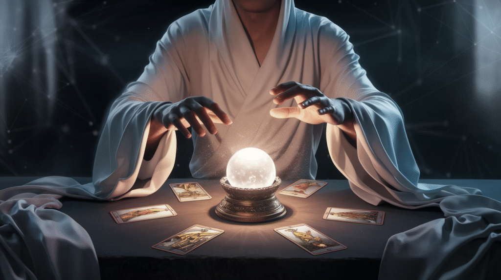 Rêve de médium avec outils divinatoires symbolisant la connexion spirituelle