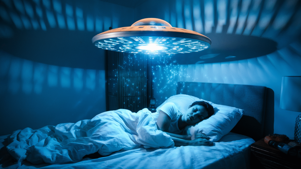 Personne rêvant d'un ovni lumineux planant au-dessus de son lit