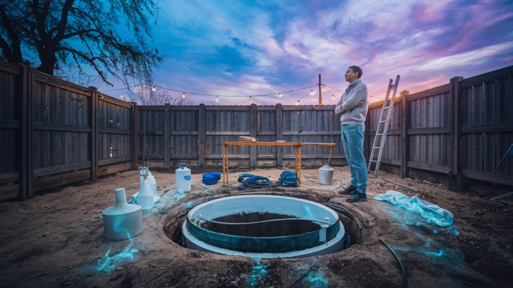 Personne rêvant d'une fosse septique dans un décor onirique symbolisant le nettoyage émotionnel