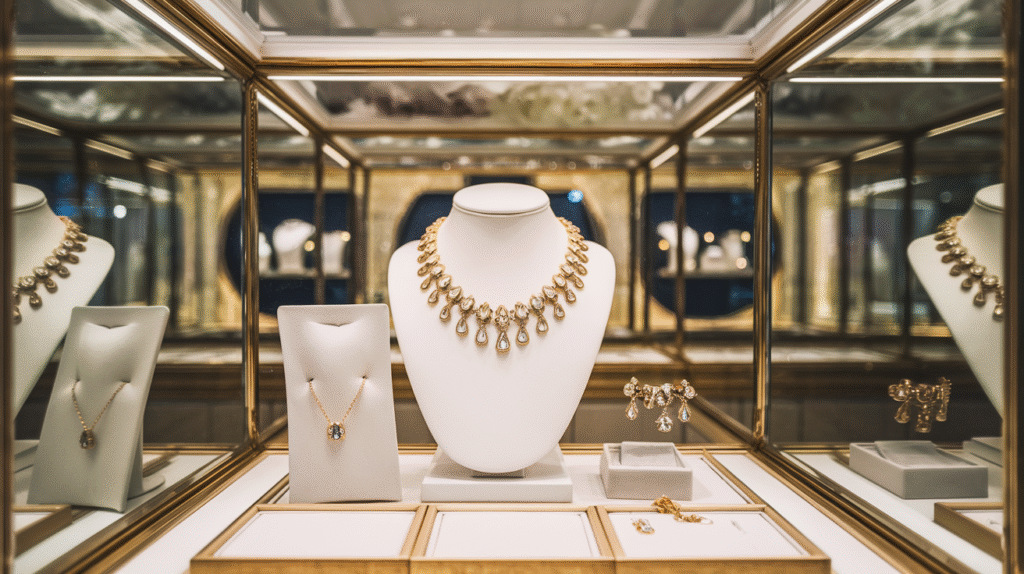 Personne rêvant d'acheter un bijou en or dans une bijouterie élégante