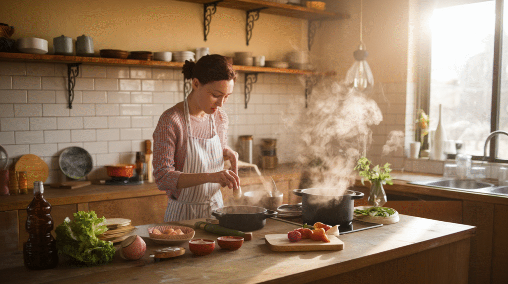 Une personne rêvant dans sa cuisine, entourée de symboles oniriques