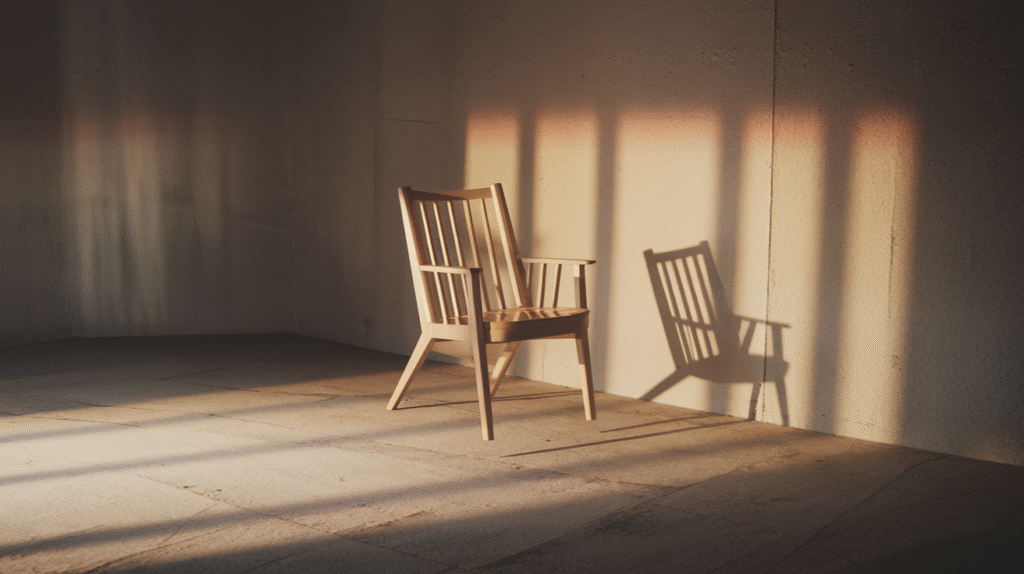 Une chaise en bois flottant légèrement dans un espace onirique