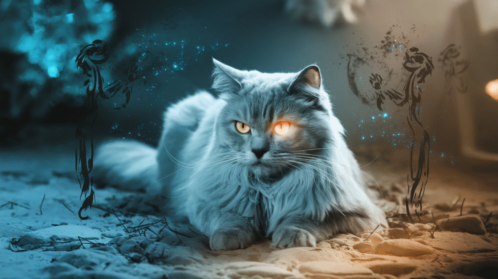 Chat malade dans un environnement onirique symbolisant l'interprétation des rêves