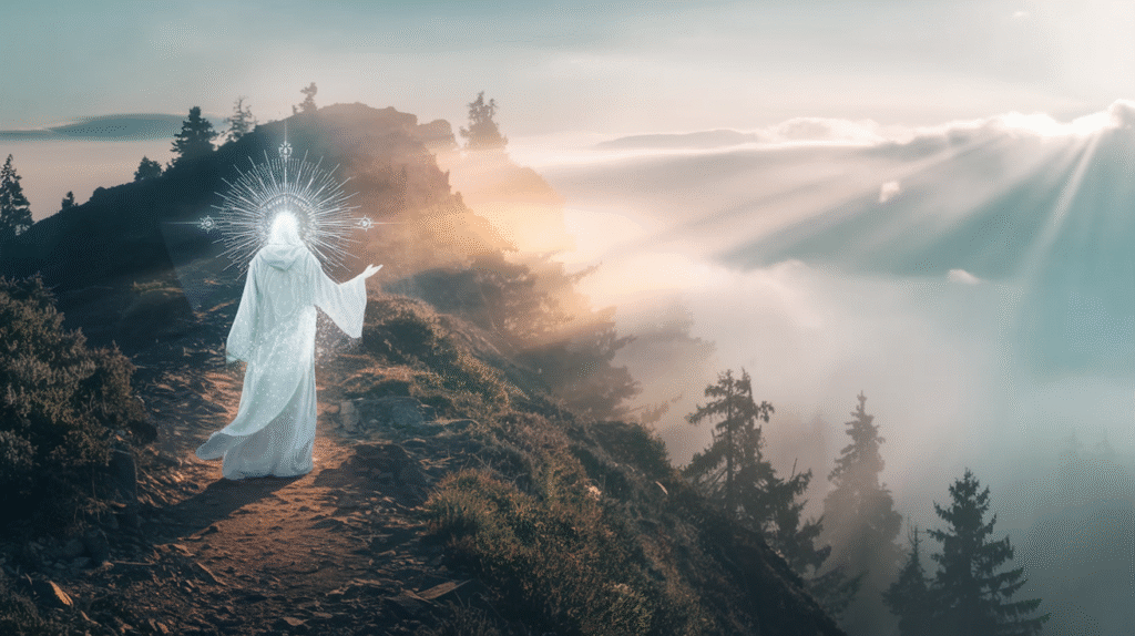 Maître spirituel lumineux guidant une personne dans un paysage onirique