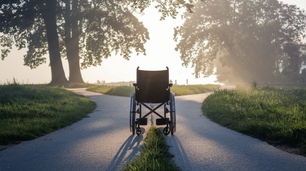 Un fauteuil roulant au carrefour de chemins symbolisant les choix de vie