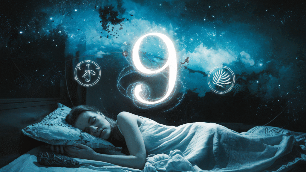Personne rêvant du chiffre 9 entouré de symboles spirituels