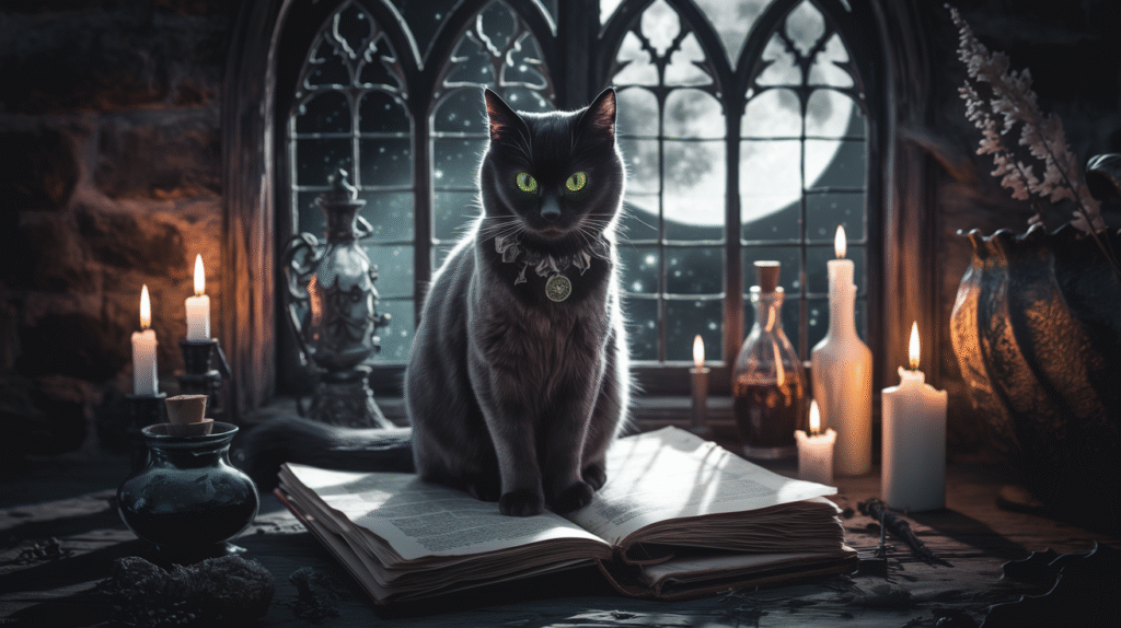 Chat noir mystique lié à la sorcellerie dans un environnement ésotérique